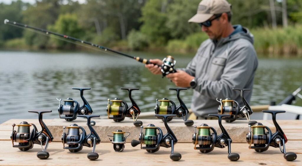 A beautifully arranged display of the top 15 fishing reels for sport fishing, showcasing a variety of modern designs and colors. In the foreground, a selection of high-quality reels glistens under natural lighting, highlighting intricate details like smooth handles, robust spools, and precision gear systems. The middle ground features an angler in modest casual clothing inspecting a reel, demonstrating its features with a focused expression. The background captures a serene lakeside setting, complete with lush greenery and calm waters, setting a tranquil atmosphere ideal for fishing. The lighting is soft and inviting, evoking a sense of adventure and passion for the sport, while the entire composition emphasizes the quality and performance of the reels without distractions or text overlays.