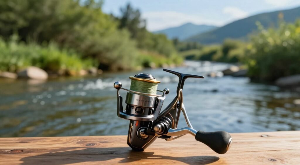 A beautifully designed fishing reel, or "molinete de pesca," prominently displayed in the foreground, showcasing its intricate details such as the handle, line spool, and metal finish. The reel should be positioned on a smooth wooden surface, hinting at its practical use in fishing. In the middle ground, a serene natural setting featuring a river with lush greenery and soft rippling water, emphasizing the peaceful atmosphere of fishing. The background should feature distant mountains and a clear blue sky, casting soft, warm sunlight on the scene. Capture this image with a slightly overhead angle to focus on the reel while providing context of the tranquil fishing environment. The mood evokes relaxation and appreciation for fishing as a hobby.