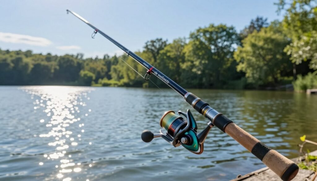 Uma vara de pesca "vara de molinete" de design elegante ocupa o primeiro plano, exibindo seu design moderno e sofisticado com cores vibrantes e detalhes intrincados no molinete. O plano intermediário apresenta um lago sereno, com a luz do sol brilhando na superfície da água, com algumas ondulações suaves. Ao fundo, árvores verdejantes e um céu azul claro criam uma atmosfera de paz. A cena foi capturada com uma iluminação natural e quente para evocar uma sensação de calma e entusiasmo para pescadores iniciantes. O ângulo da câmera é ligeiramente de cima, permitindo uma visão clara tanto da vara de pesca quanto da água tranquila, enfatizando a alegria da pesca para os novatos.