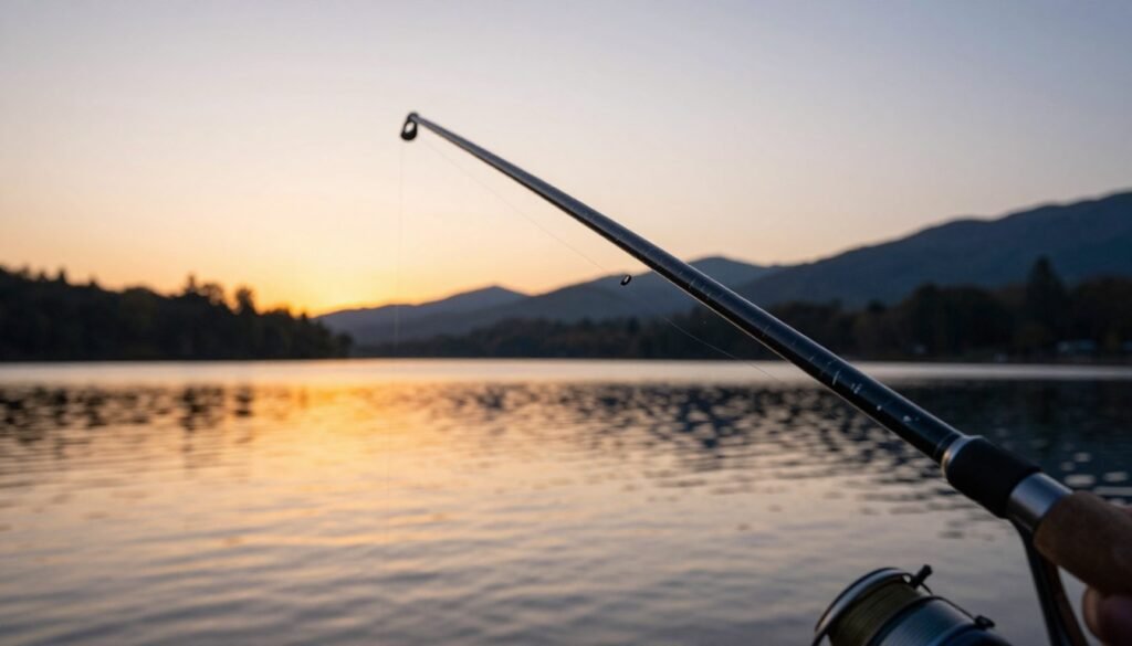 A beautifully detailed close-up of a fishing rod, showcasing its sensitivity and action. In the foreground, focus on the rod’s flexible tip bending dramatically as if reacting to a biting fish, with a fine line connected to a shimmering lure. In the middle ground, a serene lake reflects the golden hues of a sunset, highlighting the peaceful atmosphere of fishing. The background features soft silhouettes of trees and distant mountains under a colorful twilight sky, creating a harmonious and tranquil setting. Utilize warm, soft lighting to enhance the mood and capture the essence of a tranquil evening spent fishing. Use a slightly elevated angle to give depth and emphasize the rod's action. Um close-up ricamente detalhado de uma vara de pesca, destacando sua sensibilidade e ação. Em primeiro plano, o foco está na ponta flexível da vara, que se curva dramaticamente como se reagisse à fisgada de um peixe, com uma linha fina conectada a uma isca brilhante. Em segundo plano, um lago sereno reflete os tons dourados do pôr do sol, realçando a atmosfera pacífica da pesca. O fundo apresenta silhuetas suaves de árvores e montanhas distantes sob um céu crepuscular colorido, criando um cenário harmonioso e tranquilo. Utilize uma iluminação quente e suave para intensificar o clima e capturar a essência de uma noite tranquila dedicada à pesca. Use um ângulo ligeiramente elevado para dar profundidade e enfatizar a ação da vara.