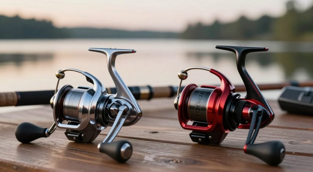 A beautifully detailed close-up of two fishing reels: the Daiwa Revros and Daiwa Fuego, placed on a wooden table. The Revros, with its glossy silver finish and intricate gear details, is on the left, reflecting subtle light, while the Fuego, showcasing a vibrant red and black color scheme, sits on the right, displaying its modern design. The background features a soft-focus of fishing gear and a serene outdoor setting, hinting at a tranquil lake at dawn, with soft golden light illuminating the scene. The atmosphere is calm and focused, inviting viewers to explore the quality and features of each reel in a competitive context. The image is shot from a low angle to emphasize the reels, with a shallow depth of field highlighting their craftsmanship. Uma belíssima imagem em close-up de dois molinetes de pesca: o Daiwa Revros e o Daiwa Fuego, dispostos sobre uma mesa de madeira. O Revros, com seu acabamento prateado brilhante e detalhes intrincados da engrenagem, está à esquerda, refletindo uma luz suave, enquanto o Fuego, exibindo um vibrante esquema de cores em vermelho e preto, está à direita, mostrando seu design moderno. O fundo apresenta um foco suave de equipamentos de pesca e um cenário externo sereno, sugerindo um lago tranquilo ao amanhecer, com uma suave luz dourada iluminando a cena. A atmosfera é calma e concentrada, convidando os espectadores a explorar a qualidade e os recursos de cada molinete em um contexto competitivo. A imagem foi capturada de um ângulo baixo para enfatizar os molinetes, com uma profundidade de campo reduzida que destaca seu acabamento.