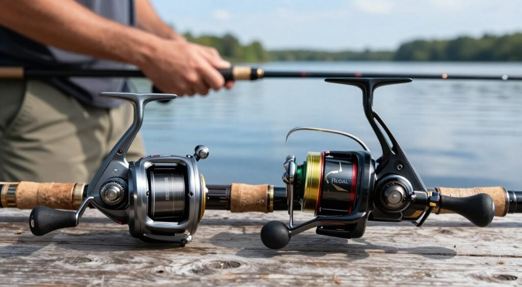 Uma comparação em close-up de dois molinetes de pesca: o Daiwa Revros e o Daiwa Regal, exibidos com destaque sobre uma superfície rústica de madeira. Em primeiro plano, o Revros apresenta um acabamento metálico elegante com detalhes intrincados da engrenagem, enquanto o Regal exibe um design clássico e robusto com uma atraente combinação de cores. Em segundo plano, um pescador com roupas casuais de pesca examina ambos os molinetes, comparando cuidadosamente suas características sob a suave luz natural do dia. O fundo revela um cenário tranquilo à beira de um lago com ondulações suaves na água, refletindo um céu azul claro, o que reforça a atmosfera serena de uma pescaria. O tom geral é focado e analítico, capturando a essência do desempenho em equipamentos de pesca sem distrações.