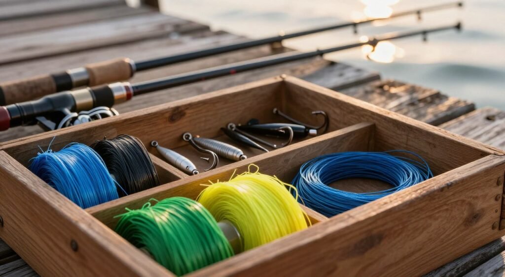 A close-up composition of various fishing lines, neatly organized in a rustic wooden tackle box. In the foreground, display colorful braided and monofilament lines in vibrant shades of blue, green, and yellow, showcasing their texture and flexibility. The middle ground features an array of hooks and weights, meticulously arranged to highlight their functionality. In the background, soft-focus fishing rods lean casually against a weathered wooden pier, with gentle waves lapping at the edges. The scene is bathed in golden hour lighting, creating a warm and inviting atmosphere, while a shallow depth of field emphasizes the intricate details of the fishing gear. This image conveys a sense of preparation and excitement for a fishing adventure, ideal for illustrating essential complementary equipment for anglers.