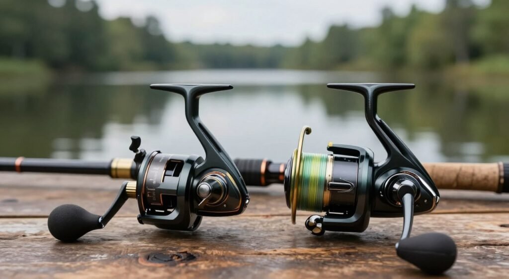 A close-up image of a Shimano Sedona spinning reel and a Shimano Nexave spinning reel, positioned side by side on a rustic wooden table. The foreground highlights the sleek design of both reels, showcasing their metallic finishes and intricate details, with soft natural light illuminating them to bring out their textures. In the middle ground, a blurred fishing rod can be positioned, hinting at the fishing context without distracting from the reels. The background features a serene lakeside landscape, with lush greenery and calm water reflecting the sky, creating a tranquil atmosphere. The overall mood is one of passion for fishing and performance, evoking a sense of adventure and quality. The composition should be from a slightly elevated angle, focusing on the reels’ features. A close-up image of a Shimano Sedona spinning reel and a Shimano Nexave spinning reel, positioned side by side on a rustic wooden table. The foreground highlights the sleek design of both reels, showcasing their metallic finishes and intricate details, with soft natural light illuminating them to bring out their textures. In the middle ground, a blurred fishing rod can be positioned, hinting at the fishing context without distracting from the reels. The background features a serene lakeside landscape, with lush greenery and calm water reflecting the sky, creating a tranquil atmosphere. The overall mood is one of passion for fishing and performance, evoking a sense of adventure and quality. The composition should be from a slightly elevated angle, focusing on the reels’ features.