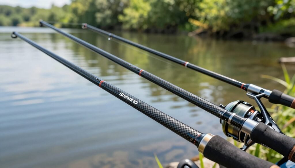 Uma imagem em close-up mostrando uma variedade de varas de pesca feitas de fibra de carbono e fibra de vidro, com destaque para modelos da Shimano, Daiwa e Marine Sports. Em primeiro plano, as varas devem ser exibidas em diferentes ângulos, realçando seus designs elegantes e detalhes intrincados, como passadores e cabos. O plano intermediário deve mostrar um ambiente de pesca sereno, talvez às margens de um rio ou lago tranquilo, com iluminação natural suave projetando reflexos delicados na água. Ao fundo, uma vegetação exuberante complementa a atmosfera pacífica, intensificando a sensação de busca e prazer na pesca. A imagem deve transmitir uma atmosfera de relaxamento e prazer no esporte, perfeita para pescadores que buscam os melhores equipamentos de pesca. Não deve haver texto ou marcas na imagem.