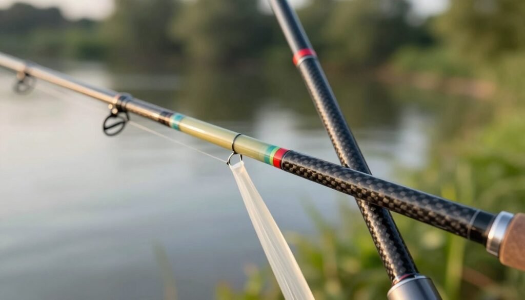 Uma imagem em close-up mostrando duas varas de pesca lado a lado: uma de fibra de vidro e a outra de fibra de carbono. Em primeiro plano, a vara de fibra de vidro deve exibir um acabamento liso e brilhante, com uma cor vibrante e passadores transparentes, refletindo sua natureza ideal para iniciantes. A vara de fibra de carbono, em contraste, deve ter uma textura elegante e fosca, enfatizando sua leveza. Em segundo plano, mostre um cenário sutil de um ambiente de pesca sereno, com água desfocada e vegetação exuberante, evocando uma atmosfera calma e convidativa. A iluminação deve ser natural, remetendo ao final da tarde, com tons quentes destacando as varas. Use uma profundidade de campo rasa, focando nitidamente nas varas enquanto desfoca suavemente o fundo para chamar a atenção para o acabamento e as características distintas de ambos os materiais.