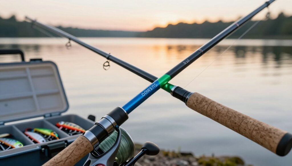 A close-up of a budget fishing rod, showcasing its sleek design and functional components. The fishing rod, made of lightweight graphite, features a vibrant blue and green color scheme, with a comfortable cork handle. In the foreground, the rod is angled dynamically as if ready for action, with fishing line spooled neatly. In the middle ground, a well-organized tackle box filled with diverse lures and hooks is partially visible, suggesting preparation for a fishing trip. The background reveals a serene lakeshore at dawn, with soft golden light reflecting off the water's surface, creating a calm and inviting atmosphere. The image should be bright and clear, emphasizing the affordability and practicality of this fishing equipment. Um close-up de uma vara de pesca econômica, destacando seu design elegante e componentes funcionais. A vara, feita de grafite leve, apresenta uma vibrante combinação de cores azul e verde, com um cabo de cortiça confortável. Em primeiro plano, a vara está angulada dinamicamente, como se estivesse pronta para a ação, com a linha de pesca enrolada ordenadamente. Em segundo plano, uma caixa de pesca bem organizada, repleta de iscas e anzóis diversos, é parcialmente visível, sugerindo a preparação para uma pescaria. O fundo revela a serena margem de um lago ao amanhecer, com a suave luz dourada refletindo na superfície da água, criando uma atmosfera calma e convidativa. A imagem deve ser brilhante e nítida, enfatizando o preço acessível e a praticidade deste equipamento de pesca.