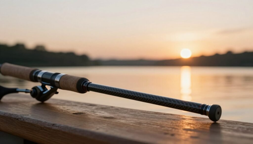 A close-up of a high-quality fishing rod, focusing on its sensitive tip, crafted from carbon fiber. The rod is elegantly positioned on a smooth wooden surface, with a blurred background of a serene lake during sunset, casting a warm golden glow. Soft reflections of the sky shimmer on the water, enhancing the tranquil atmosphere. The lighting is soft and diffused, highlighting the textures of the rod, especially the intricate details of the rod guides and handle. The angle captures the length and form of the rod, emphasizing its lightweight and sensitivity. This image conveys a sense of comfort and ease, inviting viewers to experience the joy of fishing with advanced equipment. A close-up of a high-quality fishing rod, focusing on its sensitive tip, crafted from carbon fiber. The rod is elegantly positioned on a smooth wooden surface, with a blurred background of a serene lake during sunset, casting a warm golden glow. Soft reflections of the sky shimmer on the water, enhancing the tranquil atmosphere. The lighting is soft and diffused, highlighting the textures of the rod, especially the intricate details of the rod guides and handle. The angle captures the length and form of the rod, emphasizing its lightweight and sensitivity. This image conveys a sense of comfort and ease, inviting viewers to experience the joy of fishing with advanced equipment.