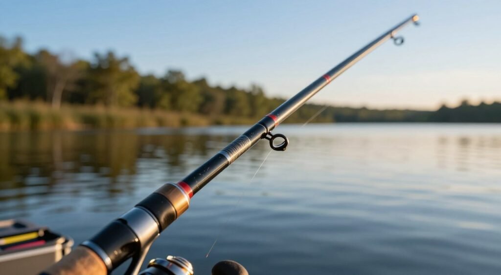 A close-up of a high-quality fishing rod with a fast action tip, set against a blurred natural lakeside background. The foreground features the intricate details of the rod's guides, reel seat, and handle, showcasing its sleek design and sturdy construction. In the middle ground, a serene body of water glimmers under soft, golden hour lighting, reflecting the colors of a clear blue sky. Opt for a slight tilt to the angle, emphasizing the rod's curvature and performance attributes. The mood is tranquil yet adventurous, inviting the viewer to imagine fishing adventures. Elements such as fishing tackle and a partially visible tackle box subtly enhance the context, while keeping the focus primarily on the fishing rod itself. Um close-up de uma vara de pesca de alta qualidade com ponta de ação rápida, tendo como pano de fundo uma paisagem natural desfocada à beira de um lago. O primeiro plano destaca os detalhes intrincados dos passadores, do suporte do molinete e do cabo da vara, evidenciando seu design elegante e construção robusta. Em segundo plano, a serena superfície da água brilha sob a suave luz dourada do pôr do sol, refletindo as cores de um céu azul claro. A leve inclinação da imagem enfatiza a curvatura e o desempenho da vara. A atmosfera é tranquila, porém aventureira, convidando o observador a imaginar aventuras de pesca. Elementos como apetrechos de pesca e uma caixa de pesca parcialmente visível complementam sutilmente o contexto, mantendo o foco principal na própria vara de pesca.