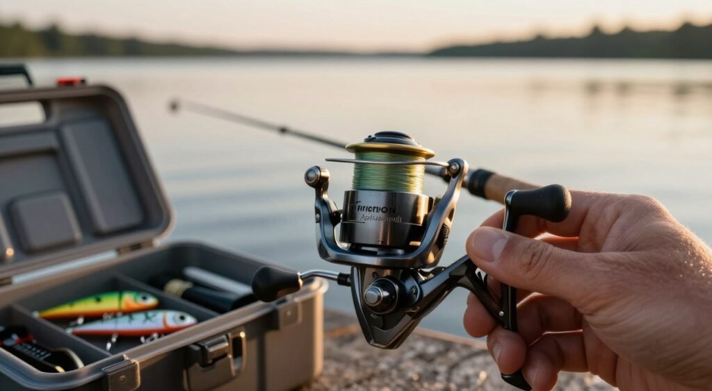 A close-up view of a fishing reel displaying the "friction adjustment" mechanism, emphasizing the intricate parts like the drag knob and spool. The foreground features a hand gently turning the adjustment dial, showcasing the tactile interaction between the user and equipment. In the middle, a partially open fishing tackle box with lures and tools subtly positioned to suggest preparation for fishing. The background captures the serene atmosphere of a calm lakeside at golden hour, with soft light illuminating the scene, casting gentle shadows. The mood is focused and serene, reflecting the sport of fishing. Use a shallow depth of field to create a blurred background, drawing attention to the fishing reel and the user's hand. No text or branding in the image.