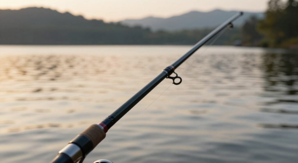 Uma visão aproximada de uma vara de pesca em destaque no primeiro plano, mostrando sua ponta flexível e carretel robusto. A vara tem um design elegante, com um acabamento liso e polido e detalhes intrincados que sugerem a alta qualidade dos materiais. Em segundo plano, um cenário tranquilo à beira de um lago, com suaves ondulações na água, reflete a luz da manhã, projetando tons dourados suaves sobre a cena. Ao fundo, silhuetas suaves de árvores e montanhas distantes criam uma atmosfera serena. A iluminação é quente e natural, imitando a hora dourada para um clima pacífico e convidativo. A imagem deve focar-se exclusivamente na vara de pesca, sem qualquer texto ou anotação, permitindo ao observador contemplar sua ação e potência em um contexto de pesca.