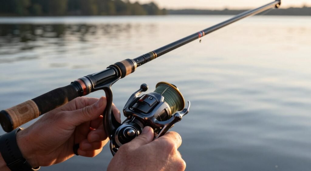 A close-up view of a fishing rod with a detailed spinning reel, focusing on the drag adjustment mechanism. The foreground features a pair of hands, skillfully grasping the reel, with visible tension in the fingers as they adjust the drag. In the middle ground, the fishing rod is positioned diagonally, showcasing the intricate details of the reel and line. The background depicts a serene lakeside scene, with soft ripples in the water reflecting the early morning light. The atmosphere is calm and focused, emphasizing the skill and precision involved in fishing. Use warm, natural lighting to create a sense of tranquility and anticipation. The composition should highlight the interplay of hands, equipment, and nature. A close-up view of a fishing rod with a detailed spinning reel, focusing on the drag adjustment mechanism. The foreground features a pair of hands, skillfully grasping the reel, with visible tension in the fingers as they adjust the drag. In the middle ground, the fishing rod is positioned diagonally, showcasing the intricate details of the reel and line. The background depicts a serene lakeside scene, with soft ripples in the water reflecting the early morning light. The atmosphere is calm and focused, emphasizing the skill and precision involved in fishing. Use warm, natural lighting to create a sense of tranquility and anticipation. The composition should highlight the interplay of hands, equipment, and nature.