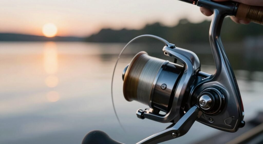 A close-up view of a high-performance fishing reel with emphasis on its smooth, fluid rotation mechanism. In the foreground, focus on the intricate details of the reel's bearings, showcasing their metallic shine and precision engineering. The middle ground features a softly blurred background of a tranquil water scene, reflecting a warm sunset, highlighting the performance benefits of the reel. Use soft, diffused lighting to create an atmosphere of calmness and efficiency. The camera angle should be slightly tilted, drawing attention to the reel’s rotating motion while capturing the ambiance of a serene fishing experience. A sense of elegance and functionality permeates the image, emphasizing the importance of bearings in enhancing performance. Uma visão aproximada de um molinete de pesca de alto desempenho, com ênfase em seu mecanismo de rotação suave e fluido. Em primeiro plano, o foco está nos detalhes intrincados dos rolamentos do molinete, exibindo seu brilho metálico e engenharia de precisão. O plano intermediário apresenta um fundo suavemente desfocado de uma cena aquática tranquila, refletindo um pôr do sol quente, destacando os benefícios de desempenho do molinete. Use iluminação suave e difusa para criar uma atmosfera de calma e eficiência. O ângulo da câmera deve ser levemente inclinado, chamando a atenção para o movimento de rotação do molinete e capturando a atmosfera de uma experiência de pesca serena. Uma sensação de elegância e funcionalidade permeia a imagem, enfatizando a importância dos rolamentos para aprimorar o desempenho.