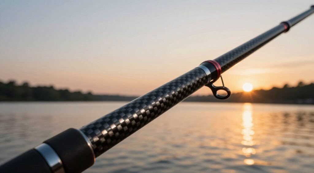 Uma visão aproximada de uma vara de pesca de carbono de alta qualidade, demonstrando sua resistência e durabilidade. Em primeiro plano, as fibras de carbono da vara são exibidas em detalhes intrincados, enfatizando sua textura lisa e brilhante que reflete a luz. Em segundo plano, a vara se curva sob a tensão de uma fisgada pesada, ilustrando sua durabilidade e flexibilidade sem quebrar. Ao fundo, uma cena serena de um lago ao pôr do sol proporciona uma atmosfera acolhedora, com suaves tons dourados e alaranjados lançando uma luz delicada sobre a água. A foto foi tirada de um ângulo baixo, enfatizando o design e a engenharia impressionantes da vara. No geral, a imagem transmite uma sensação de força, inovação e o prazer da pesca.