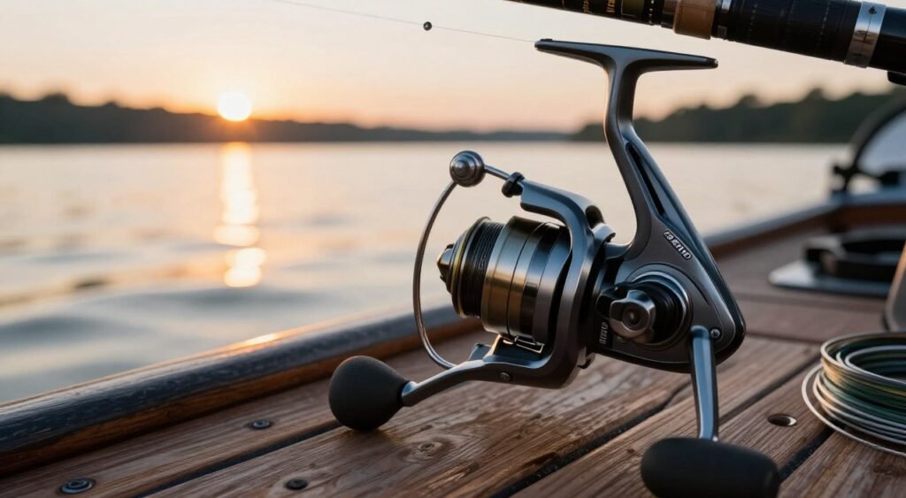 A close-up view of a large fishing reel, specifically a 4000 model, with intricate details showcasing its metallic body and smooth, spiraled drag system. The reel is positioned on a rugged wooden fishing boat deck, with fishing lines partially unraveled in the foreground. In the background, the shimmering surface of a calm lake reflects the soft hues of a setting sun, casting warm golden light over the scene. The angle is slightly tilted, enhancing the depth of the composition, while the lens focuses tightly on the reel’s features, creating a blurred background effect. The atmosphere conveys a sense of adventure and readiness for fishing big catches, evoking excitement for anglers. Uma imagem em close de um grande molinete de pesca — especificamente um modelo 4000 — revela detalhes minuciosos, como seu corpo metálico e o sistema de freio (drag) suave e em espiral. O equipamento está posicionado sobre o convés rústico de madeira de um barco de pesca, com linhas parcialmente desenroladas em primeiro plano. Ao fundo, a superfície cintilante de um lago calmo reflete os tons suaves do pôr do sol, banhando a cena com uma luz dourada e acolhedora. O ângulo levemente inclinado realça a profundidade da composição, enquanto o foco preciso nos detalhes do molinete cria um efeito de fundo desfocado. A atmosfera transmite uma sensação de aventura e prontidão para capturar grandes peixes, despertando o entusiasmo dos pescadores.