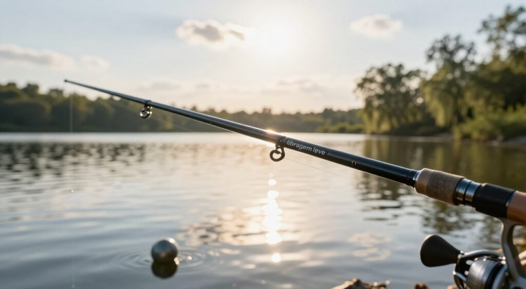 A close-up view of a lightweight fishing rod, elegantly displaying its slender design and flexible tip, set against a tranquil lake backdrop. In the foreground, various weights for light line fishing are scattered, showcasing their different shapes and sizes. The middle ground features a calm water surface reflecting soft sunlight filtering through a few scattered clouds, creating a serene atmosphere. In the background, gently swaying trees line the shore, adding a sense of tranquility. The lighting is warm, simulating late afternoon sun, with a slight lens flare to enhance the mood. Capture a peaceful outdoor setting, illustrating the concept of "libragem leve" for fishing enthusiasts. Aim for a natural, engaging scene that invites exploration and understanding of fishing gear. Uma visão aproximada de uma vara de pesca leve, exibindo elegantemente seu design esguio e ponta flexível, em um cenário tranquilo de lago. Em primeiro plano, diversos pesos para pesca com linha leve estão espalhados, mostrando suas diferentes formas e tamanhos. O plano intermediário apresenta a superfície calma da água refletindo a luz suave do sol filtrada por algumas nuvens dispersas, criando uma atmosfera serena. Ao fundo, árvores balançando suavemente margeiam a margem, adicionando uma sensação de tranquilidade. A iluminação é quente, simulando o sol do final da tarde, com um leve reflexo da lente para realçar o clima. Capture um cenário externo tranquilo, ilustrando o conceito de "libragem leve" para os entusiastas da pesca. Busque uma cena natural e envolvente que convide à exploração e à compreensão dos equipamentos de pesca.