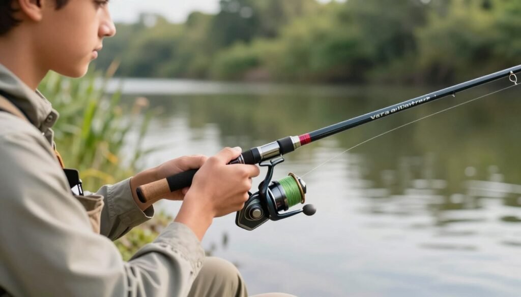 Uma visão aproximada de um pescador iniciante segurando uma vara de pesca "vara albatroz", exibindo seu design elegante e cor vibrante. O primeiro plano captura a expressão concentrada do pescador, vestido com uma roupa casual, porém profissional, demonstrando atenção enquanto se prepara para lançar a linha. No plano intermediário, a vara de pesca é detalhada com suas características únicas, como o molinete e a linha, enquanto a área ao redor sugere um lago ou rio sereno, refletindo a emoção da pesca. O fundo apresenta vegetação exuberante e ondulações suaves na água, indicando uma atmosfera tranquila ao ar livre. Uma iluminação suave e natural ilumina a cena, criando um clima acolhedor e convidativo, com um leve desfoque para enfatizar o pescador e a vara, encapsulando o espírito das aventuras de pesca para iniciantes.