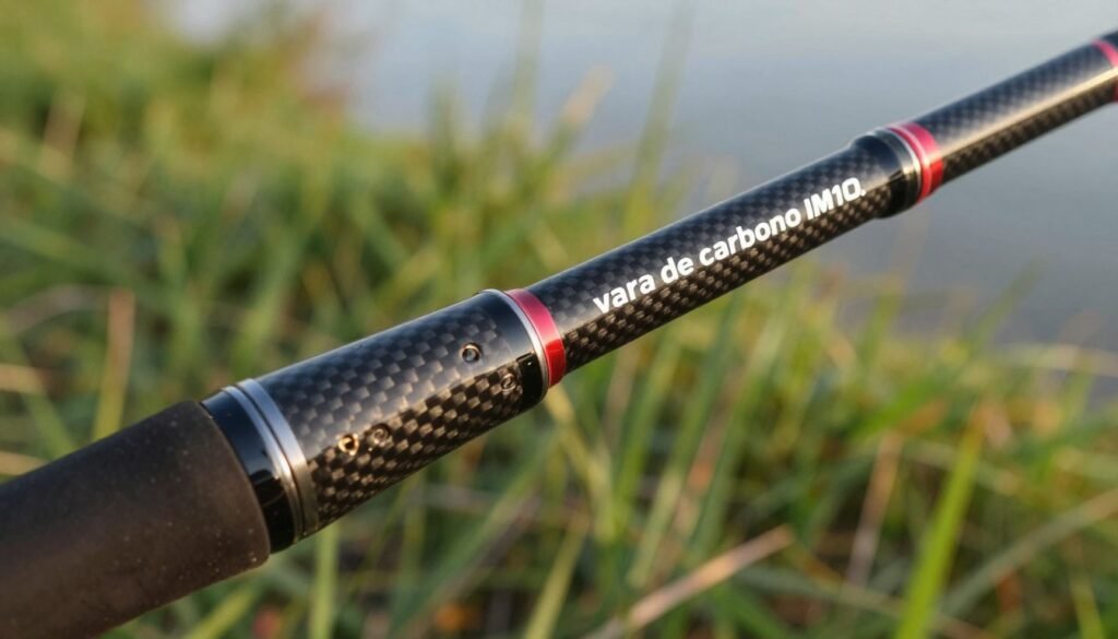A close-up view of a "vara de carbono IM10" fishing rod, showcasing its sleek design and technical features. The foreground highlights the intricate details of the rod's carbon fiber texture, with a smooth glossy finish reflecting natural light. In the middle ground, the rod is positioned in an outdoor setting, with soft green grass and hints of water in the background, suggesting a serene fishing environment. The lighting is warm and inviting, casting gentle shadows that emphasize the rod's craftsmanship. Capture the image from a slightly elevated angle to portray depth, highlighting the rod's ergonomic grip and guides. The overall atmosphere should evoke a sense of functionality and quality, perfect for anglers looking for top-tier performance. Uma visão aproximada de uma vara de pesca "vara de carbono IM10", destacando seu design elegante e características técnicas. O primeiro plano realça os detalhes intrincados da textura da fibra de carbono da vara, com um acabamento liso e brilhante que reflete a luz natural. No plano intermediário, a vara está posicionada em um ambiente externo, com grama verde macia e vislumbres de água ao fundo, sugerindo um ambiente de pesca sereno. A iluminação é quente e convidativa, projetando sombras suaves que enfatizam o acabamento da vara. A imagem foi capturada de um ângulo ligeiramente elevado para transmitir profundidade, destacando a empunhadura ergonômica e os passadores da vara. A atmosfera geral deve evocar uma sensação de funcionalidade e qualidade, perfeita para pescadores que buscam desempenho de alto nível.