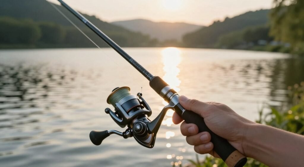 Um close-up da mão de um pescador segurando uma vara de pesca com design moderno e elegante, destacando suas características como o molinete, os passadores de linha e a empunhadura. Em primeiro plano, a vara se destaca contra um cenário sereno à beira de um lago. Ao centro, a água cintilante reflete o brilho suave do sol da manhã, criando uma atmosfera tranquila. Ao fundo, colinas suaves cobertas por vegetação exuberante reforçam a sensação de um refúgio pacífico. A cena é banhada por uma luz dourada e quente, com sombras suaves que adicionam profundidade. A imagem captura a importância de escolher a vara de pesca certa, enfatizando o acabamento e a funcionalidade, ao mesmo tempo que cria uma atmosfera convidativa e campestre.
