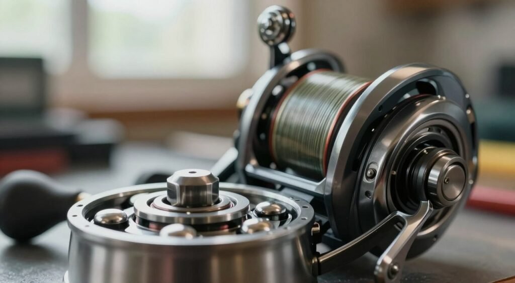 A close-up view of high-quality fishing reel components, focusing specifically on the intricate ball bearings (rolamentos) within the reel's mechanism. The foreground captures a detailed arrangement of shiny, stainless steel ball bearings, showcasing their smooth surface and precision engineering. In the middle, the fishing reel is partially disassembled, allowing a glimpse into its inner workings, with gears and metal casing reflecting light. The background features a blurred workshop setting with soft natural lighting filtering through a window, creating a serene and focused atmosphere. The angle emphasizes the functionality of the bearings, conveying a sense of craftsmanship and mechanical beauty, perfect for illustrating the mechanics of fishing reels in an informative context. Uma visão aproximada dos componentes de um molinete de pesca de alta qualidade, com foco específico nos intrincados rolamentos de esferas dentro do mecanismo do molinete. O primeiro plano captura um arranjo detalhado de rolamentos de esferas de aço inoxidável brilhantes, exibindo sua superfície lisa e engenharia de precisão. No centro, o molinete de pesca está parcialmente desmontado, permitindo vislumbrar seu funcionamento interno, com engrenagens e carcaça de metal refletindo a luz. O fundo apresenta um ambiente de oficina desfocado com luz natural suave filtrando por uma janela, criando uma atmosfera serena e concentrada. O ângulo enfatiza a funcionalidade dos rolamentos, transmitindo uma sensação de artesanato e beleza mecânica, perfeita para ilustrar a mecânica dos molinetes de pesca em um contexto informativo.