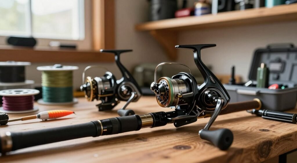 A close-up view of high-quality fishing reels, specifically Shimano and Daiwa models, displayed prominently on a wooden workbench in a well-lit, rustic workshop. The foreground features detailed, intricate components of the reels, showcasing innovative gears and materials. In the middle ground, there are various fishing accessories such as line spools and tackle boxes, illustrating a comprehensive fishing setup. The background shows shelves filled with fishing gear, including rods and bait, creating an inviting atmosphere for fishing enthusiasts. Soft, natural lighting filters through a nearby window, casting gentle shadows and highlighting the craftsmanship of the reels. The overall mood is focused and professional, conveying a sense of innovation and quality in fishing gear.