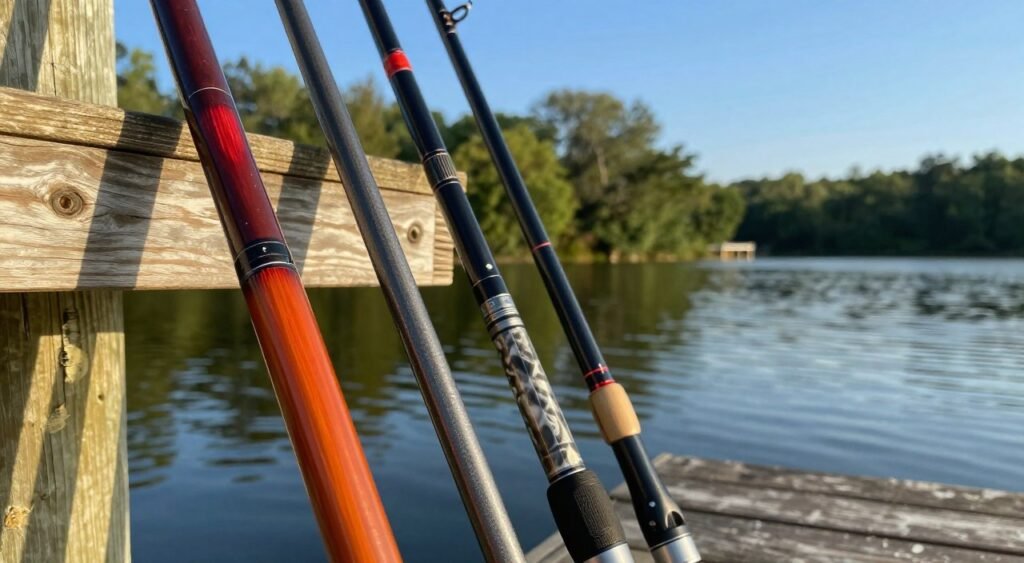 Uma visão aproximada de três varas de pesca encostadas em um píer rústico de madeira, exibindo seus diferentes materiais: fibra de vidro vibrante com acabamento brilhante, grafite elegante com textura fosca e um composto durável com um padrão único. O primeiro plano captura reflexos da luz do sol nas varas, enquanto, em segundo plano, um lago calmo ondula suavemente sob um céu azul brilhante. Ao fundo, árvores verdejantes emolduram a cena, contribuindo para a atmosfera serena. A imagem é iluminada pela luz quente do sol da hora dourada, projetando sombras suaves e destacando os detalhes de cada material. A composição apresenta uma leve inclinação para criar interesse dinâmico, imergindo completamente o observador no mundo dos equipamentos de pesca.
