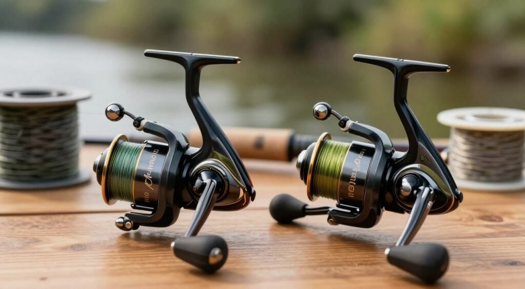 A close-up view of two fishing reels, a Molinete 3000 and a Molinete 4000, displayed side by side on a wooden table. The reels should be presented in a detailed, realistic style, showcasing their intricate designs, gears, and line capacity features. In the foreground, focus on the reels with sharp detail, emphasizing their sizes and color differences. In the middle background, include fishing line spools, hinting at their capacity in a subtle way. The background should feature a softly blurred natural setting with hints of greenery and water to evoke a fishing atmosphere. Warm, natural lighting should illuminate the scene, creating a calm and inviting mood, capturing the essence of fishing gear preferences without any human figures or distractions. Uma imagem em close de dois molinetes de pesca — um modelo 3000 e um 4000 — dispostos lado a lado sobre uma mesa de madeira. Os molinetes são apresentados em um estilo realista e detalhado, destacando seus designs complexos, engrenagens e características de capacidade de linha. Em primeiro plano, o foco recai sobre os molinetes com nitidez, ressaltando suas diferenças de tamanho e cor. Logo atrás, incluem-se carretéis de linha de pesca, sugerindo sutilmente a capacidade de armazenamento. O fundo apresenta um cenário natural suavemente desfocado, com toques de vegetação e água, evocando uma atmosfera de pescaria. Uma iluminação natural e quente banha a cena, criando um clima tranquilo e convidativo que captura a essência dos equipamentos de pesca, sem a presença de figuras humanas ou distrações.