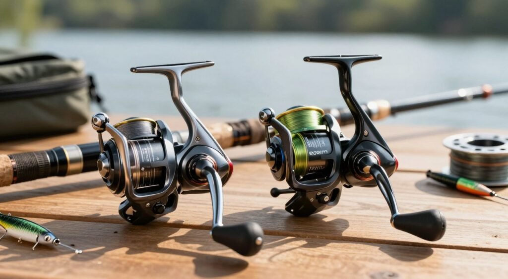 A close-up view of two fishing reels, the Daiwa Revros and Fuego, displayed on a wooden table. The Revros is on the left, showcasing its sleek design with a metallic finish, while the Fuego is on the right, highlighting its vibrant color and robust build. The reels are surrounded by fishing gear like a line spool and lure, creating a casual fishing environment. Soft, natural light streams in from the side, casting gentle shadows that emphasize the contours of the reels. In the background, blurred hints of a serene lake scene can be seen, adding a calm and focused atmosphere. The image conveys a sense of quality and value, inviting viewers to consider the price-to-performance ratio. Uma visão aproximada de dois molinetes de pesca, o Daiwa Revros e o Fuego, expostos sobre uma mesa de madeira. O Revros está à esquerda, exibindo seu design elegante com acabamento metálico, enquanto o Fuego está à direita, destacando sua cor vibrante e construção robusta. Os molinetes estão rodeados por acessórios de pesca, como um carretel de linha e uma isca, criando um ambiente descontraído de pesca. Uma luz natural suave entra lateralmente, projetando sombras delicadas que enfatizam os contornos dos molinetes. Ao fundo, vislumbres desfocados de uma cena serena de um lago podem ser vistos, adicionando uma atmosfera calma e concentrada. A imagem transmite uma sensação de qualidade e valor, convidando os espectadores a considerar a relação custo-benefício.