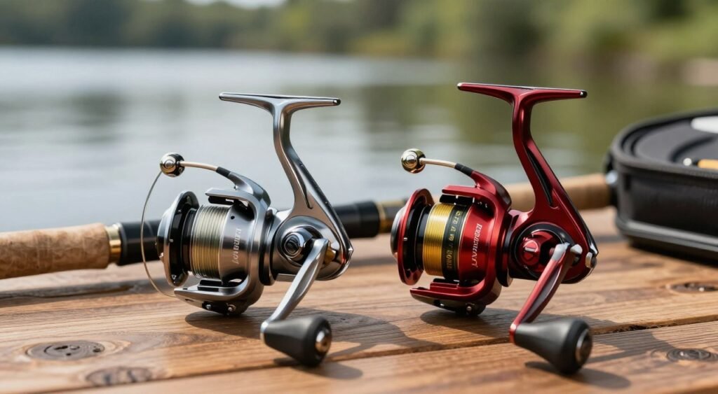 A close-up view of two fishing reels: the Daiwa Revros and the Daiwa Fuego, placed elegantly on a rustic wooden table, with fishing tackle scattered around. The Revros, in a sleek metallic silver finish, displays intricate detailing, while the Fuego showcases a striking red and gold design, highlighting its robust build. Soft, natural lighting filters from the left, casting gentle shadows and enhancing the textures of the reels. In the background, a blurred image of a tranquil lake environment creates a serene fishing atmosphere, with hints of blurred greenery. The mood is peaceful and inviting, emphasizing the craftsmanship and performance of both reels, perfect for an avid angler's decision-making. Uma visão aproximada de dois molinetes de pesca: o Daiwa Revros e o Daiwa Fuego, elegantemente dispostos sobre uma mesa rústica de madeira, com apetrechos de pesca espalhados ao redor. O Revros, com seu elegante acabamento prateado metálico, exibe detalhes intrincados, enquanto o Fuego apresenta um design marcante em vermelho e dourado, destacando sua construção robusta. Uma luz suave e natural filtrada pela esquerda projeta sombras delicadas e realça as texturas dos molinetes. Ao fundo, uma imagem desfocada de um lago tranquilo cria uma atmosfera serena de pesca, com toques de vegetação desfocada. O clima é pacífico e convidativo, enfatizando o acabamento e o desempenho de ambos os molinetes, perfeitos para a decisão de um pescador ávido.