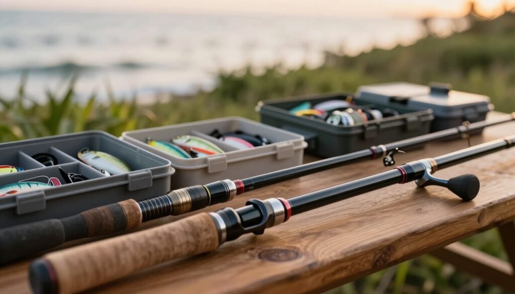 A close-up view of various fishing rods displayed on a wooden table, emphasizing different materials such as graphite, fiberglass, and composite. In the foreground, highlight a spinning rod with its smooth guides and reel seat, while a baitcasting rod is elegantly positioned beside it. The middle ground features an assortment of tackle boxes filled with lures and gear, showcasing the essentials for fishing enthusiasts. In the background, a soft-focus natural environment with gentle waves and lush greenery sets a serene atmosphere. Use warm, soft lighting to create a welcoming mood, mimicking a late afternoon sun. Frame the image at a slight angle to add depth and interest, ensuring it's visually appealing and engaging for the viewer. Uma visão aproximada de diversas varas de pesca expostas sobre uma mesa de madeira, enfatizando diferentes materiais como grafite, fibra de vidro e compósito. Em primeiro plano, destaca-se uma vara de pesca com molinete, com seus passadores suaves e suporte para carretel, enquanto uma vara de pesca com carretel giratório está elegantemente posicionada ao lado. O plano intermediário apresenta uma variedade de caixas de pesca repletas de iscas e equipamentos, exibindo os itens essenciais para os entusiastas da pesca. Ao fundo, um ambiente natural com foco suave, ondas delicadas e vegetação exuberante, cria uma atmosfera serena. Utilize uma iluminação quente e suave para criar um clima acolhedor, imitando o sol do final da tarde. Enquadre a imagem em um leve ângulo para adicionar profundidade e interesse, garantindo que ela seja visualmente atraente e envolvente para o espectador.