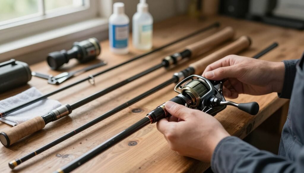 A close-up view of various telescopic fishing rods arranged neatly on a rustic wooden workbench. In the foreground, focus on a hand in a professional business attire, carefully inspecting the joints and reel seat of a rod, showcasing maintenance techniques. The middle section features tools like a soft cloth, lubricant, and cleaning supplies spread out, emphasizing the importance of care. In the background, soft natural light filters through a nearby window, illuminating the scene and creating a warm, inviting atmosphere. The image conveys a sense of professionalism and attention to detail in maintaining fishing gear, ideal for enthusiasts looking to prolong the lifespan of their telescopic rods. A close-up view of various telescopic fishing rods arranged neatly on a rustic wooden workbench. In the foreground, focus on a hand in a professional business attire, carefully inspecting the joints and reel seat of a rod, showcasing maintenance techniques. The middle section features tools like a soft cloth, lubricant, and cleaning supplies spread out, emphasizing the importance of care. In the background, soft natural light filters through a nearby window, illuminating the scene and creating a warm, inviting atmosphere. The image conveys a sense of professionalism and attention to detail in maintaining fishing gear, ideal for enthusiasts looking to prolong the lifespan of their telescopic rods.
