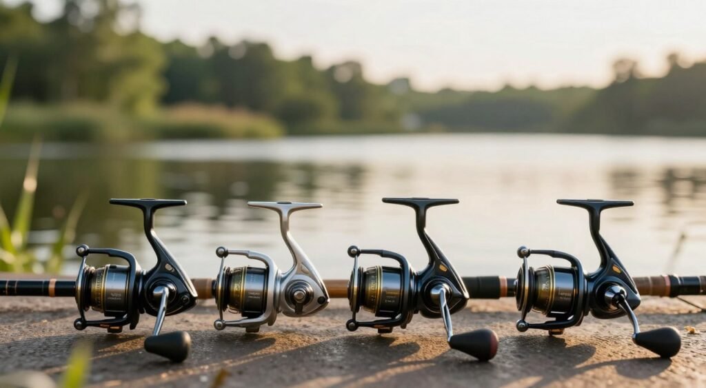 A collection of popular fishing reels showcased prominently in the foreground, featuring a variety of models with distinct branding labels and clearly visible bearing information. Each reel is displayed at different angles to highlight their design and functionality. The background is softly blurred, depicting a serene fishing environment with a tranquil lake and lush greenery, emphasizing the outdoor setting. The lighting is warm and natural, simulating a late afternoon sun that casts gentle reflections on the water. The mood is focused and informative, suitable for an article on fishing equipment. The composition should ensure clarity of detail in each reel while maintaining an aesthetically pleasing overall image. Uma coleção de carretilhas de pesca populares é exibida em destaque no primeiro plano, apresentando uma variedade de modelos com marcas distintas e informações sobre os rolamentos claramente visíveis. Cada carretilha é exibida em ângulos diferentes para destacar seu design e funcionalidade. O fundo está suavemente desfocado, retratando um ambiente de pesca sereno com um lago tranquilo e vegetação exuberante, enfatizando o cenário ao ar livre. A iluminação é quente e natural, simulando o sol do final da tarde que projeta reflexos suaves na água. O tom é focado e informativo, adequado para um artigo sobre equipamentos de pesca. A composição deve garantir a clareza dos detalhes em cada carretilha, mantendo uma imagem geral esteticamente agradável.