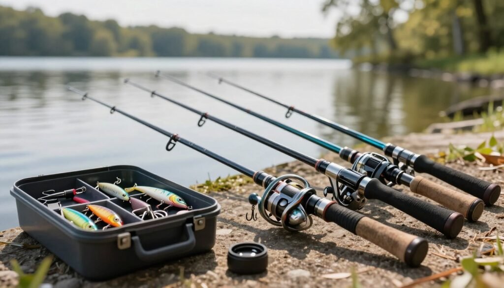 A collection of telescopic fishing rods displayed outdoors, showcasing their sleek designs and vibrant colors. In the foreground, a few rods are opened, revealing their various extensions and details like guides and grips. In the middle, a well-organized fishing tackle box lies next to the rods, filled with lures and hooks, adding a touch of realism. The background features a tranquil lakeside scene with soft sunlight filtering through trees, enhancing the serene atmosphere. The image is captured with a slight angle, creating depth, and emphasizes natural lighting to highlight the textures of the rods. The mood is peaceful and inviting, perfect for illustrating high-quality fishing gear. A collection of telescopic fishing rods displayed outdoors, showcasing their sleek designs and vibrant colors. In the foreground, a few rods are opened, revealing their various extensions and details like guides and grips. In the middle, a well-organized fishing tackle box lies next to the rods, filled with lures and hooks, adding a touch of realism. The background features a tranquil lakeside scene with soft sunlight filtering through trees, enhancing the serene atmosphere. The image is captured with a slight angle, creating depth, and emphasizes natural lighting to highlight the textures of the rods. The mood is peaceful and inviting, perfect for illustrating high-quality fishing gear.