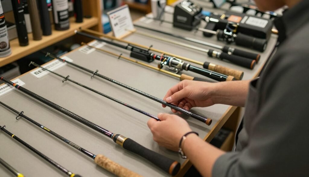 A detailed and informative scene illustrating the process of choosing the ideal carbon fishing rod. In the foreground, a person dressed in professional casual attire is carefully inspecting a selection of carbon rods displayed on a table, with various models and designs visible. In the middle, a variety of rods, showcasing different lengths and shapes, are arranged neatly, with labels indicating their features. The background features a softly lit shop environment, with fishing gear and accessories on shelves. The lighting is warm and inviting, creating a focused atmosphere that emphasizes the thoughtful decision-making process. The angle is slightly overhead, capturing both the person and the assortment of rods clearly, conveying expertise and passion for fishing. A detailed and informative scene illustrating the process of choosing the ideal carbon fishing rod. In the foreground, a person dressed in professional casual attire is carefully inspecting a selection of carbon rods displayed on a table, with various models and designs visible. In the middle, a variety of rods, showcasing different lengths and shapes, are arranged neatly, with labels indicating their features. The background features a softly lit shop environment, with fishing gear and accessories on shelves. The lighting is warm and inviting, creating a focused atmosphere that emphasizes the thoughtful decision-making process. The angle is slightly overhead, capturing both the person and the assortment of rods clearly, conveying expertise and passion for fishing.