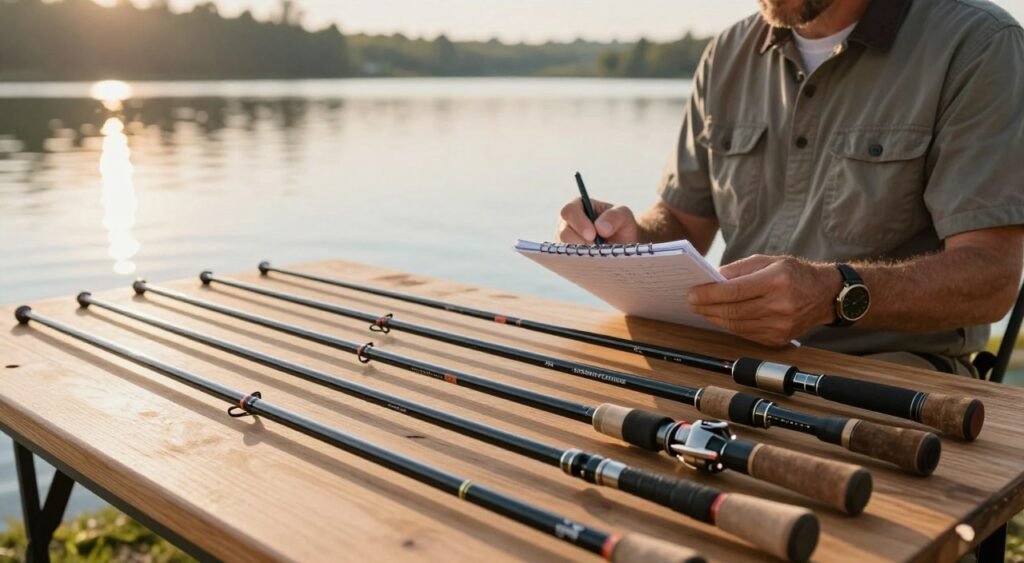 Uma cena detalhada e profissional que destaca os critérios essenciais para a compra de uma vara de pesca, apresentando uma exibição bem organizada de várias varas dispostas sobre uma mesa de madeira. Em primeiro plano, o foco está nos diferentes tipos de varas, cada uma claramente identificada com atributos como comprimento, material e ação. Em segundo plano, um pescador experiente e bem vestido examina as varas, usando roupas casuais adequadas para atividades ao ar livre e segurando um bloco de notas com especificações de pesca. O fundo apresenta uma vista serena de um lago com a suave luz da manhã projetando reflexos delicados na superfície da água, criando uma atmosfera tranquila que enfatiza a emoção das aventuras de pesca. A composição deve ter uma paleta de cores quentes e convidativas, com uma sensação geral de profissionalismo e conhecimento.