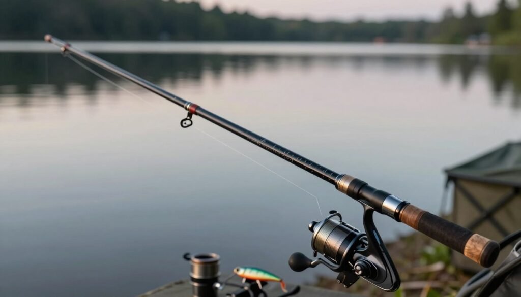 A detailed and realistic depiction of a telescopic fishing rod, prominently displayed in the foreground with its potential extending features highlighted. The rod should have a sleek, modern design, showcasing its various sections in a fully extended form. In the middle ground, an array of different fishing gear, such as reels and lures, should be subtly arranged to provide context. The background features a serene lakeside scene at dusk, with soft natural lighting that enhances the texture of the rod and gear. Use a shallow depth of field to focus on the rod, creating a mood of tranquility and anticipation, ideal for fishing enthusiasts exploring the benefits of telescopic rods. No humans or text present. A detailed and realistic depiction of a telescopic fishing rod, prominently displayed in the foreground with its potential extending features highlighted. The rod should have a sleek, modern design, showcasing its various sections in a fully extended form. In the middle ground, an array of different fishing gear, such as reels and lures, should be subtly arranged to provide context. The background features a serene lakeside scene at dusk, with soft natural lighting that enhances the texture of the rod and gear. Use a shallow depth of field to focus on the rod, creating a mood of tranquility and anticipation, ideal for fishing enthusiasts exploring the benefits of telescopic rods. No humans or text present.