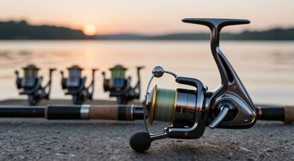 A detailed and visually striking image of a fishing reel, specifically a spinning reel, prominently displayed in the foreground. The reel should showcase a shiny metallic finish with intricate detailing on the body and gears, emphasizing its high-quality bearings. In the middle ground, a selection of various fishing reels with different numbers of bearings should be arranged, highlighting the differences in size and design. The background features a soft-focus outdoor fishing scene, such as a serene lake at sunset with gentle ripples on the water. The lighting should be warm and inviting, casting a soft glow on the reels. The overall mood is calm and informative, suitable for illustrating the importance of bearing count in choosing the ideal fishing reel. Uma imagem detalhada e visualmente impactante de um molinete de pesca, especificamente um molinete de pesca giratório, em destaque no primeiro plano. O molinete deve apresentar um acabamento metálico brilhante com detalhes intrincados no corpo e nas engrenagens, enfatizando seus rolamentos de alta qualidade. No plano médio, uma seleção de vários molinetes de pesca com diferentes números de rolamentos deve ser disposta, destacando as diferenças de tamanho e design. O fundo apresenta uma cena de pesca ao ar livre com foco suave, como um lago sereno ao pôr do sol com ondulações suaves na água. A iluminação deve ser quente e convidativa, projetando um brilho suave sobre os molinetes. O clima geral é calmo e informativo, adequado para ilustrar a importância da quantidade de rolamentos na escolha do molinete de pesca ideal.