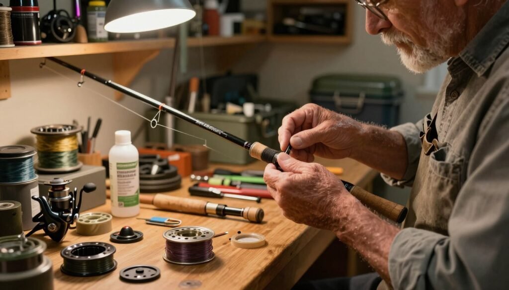 Uma cena detalhada e vívida que retrata a manutenção de uma vara de pesca. Em primeiro plano, um pescador experiente, vestido casualmente, porém bem-apessoado, limpa e inspeciona cuidadosamente uma vara, demonstrando atenção aos detalhes com que utiliza ferramentas e óleos. As mãos do pescador estão concentradas, destacando a precisão do equipamento. Ao centro, uma bancada de madeira está repleta de suprimentos de pesca: molinetes, linhas e ferramentas de manutenção, enfatizando a habilidade envolvida no cuidado com os equipamentos. Ao fundo, revela-se um ambiente de oficina aconchegante, com prateleiras organizadas com equipamentos de pesca e caixas de apetrechos, iluminadas por uma luz suave e quente proveniente de uma luminária de teto, criando uma atmosfera acolhedora. O clima geral transmite diligência e paixão pela pesca, ideal para iniciantes que estão aprendendo a importância da manutenção da vara.