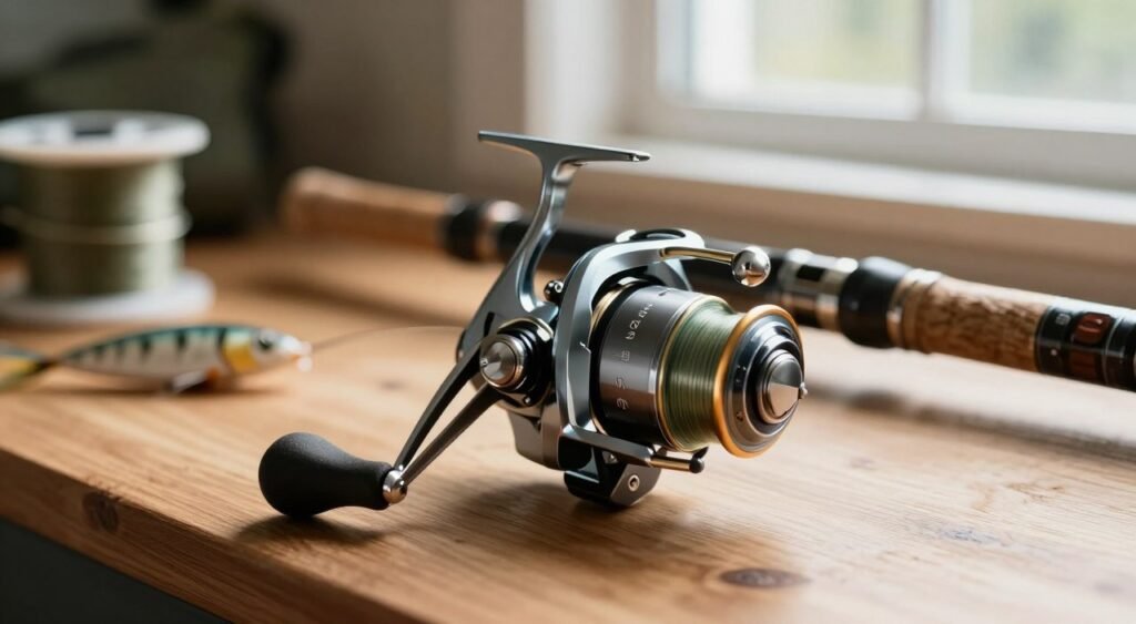 Uma imagem detalhada em close-up de um molinete de pesca — especificamente um modelo 1000 ou 2000 — exibido com elegância sobre uma mesa de pesca de madeira. O molinete é retratado com componentes metálicos brilhantes, destacando engrenagens complexas e uma manivela de movimento suave, refletindo uma engenharia de precisão. Ao fundo, elementos em foco suave — como carretéis de linha e diversas iscas — evocam o ambiente de trabalho de um entusiasta da pesca. A luz natural entra por uma janela próxima, criando reflexos quentes na superfície do molinete e realçando suas cores. A atmosfera é tranquila e convidativa, sugerindo uma tarde serena dedicada aos preparativos para uma pescaria, ao mesmo tempo em que enfatiza a importância de escolher o molinete adequado com base em tamanho e especificações.