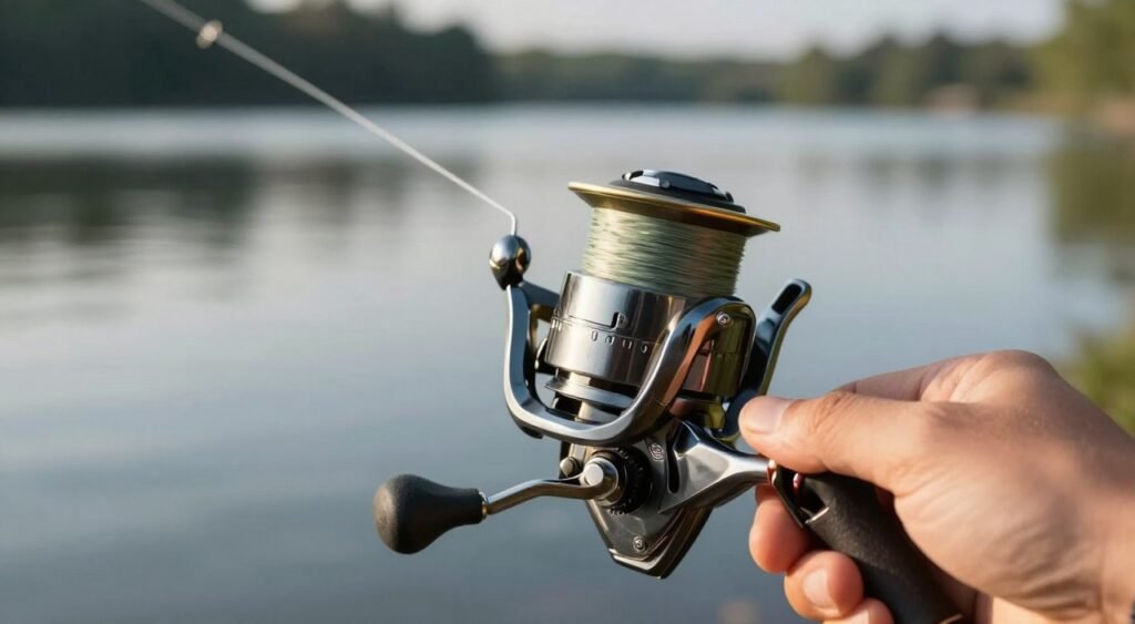 A detailed close-up of a fishing reel being adjusted, specifically focusing on the drag system. In the foreground, a hand grips the drag adjustment knob, showcasing texture and detail on the reel’s surface. The middle ground features the fishing line and spool, highlighting the mechanics of drag adjustment with its gears and components. In the background, a serene lakeside setting emerges, softly blurred to emphasize the adjustment process. Soft, natural lighting illuminates the scene, enhancing the metallic glint of the reel and providing a warm, inviting atmosphere. Capture this moment with a shallow depth of field to draw attention to the adjustment, reflecting a tranquil yet focused mood reminiscent of a calm fishing day. A detailed close-up of a fishing reel being adjusted, specifically focusing on the drag system. In the foreground, a hand grips the drag adjustment knob, showcasing texture and detail on the reel’s surface. The middle ground features the fishing line and spool, highlighting the mechanics of drag adjustment with its gears and components. In the background, a serene lakeside setting emerges, softly blurred to emphasize the adjustment process. Soft, natural lighting illuminates the scene, enhancing the metallic glint of the reel and providing a warm, inviting atmosphere. Capture this moment with a shallow depth of field to draw attention to the adjustment, reflecting a tranquil yet focused mood reminiscent of a calm fishing day.