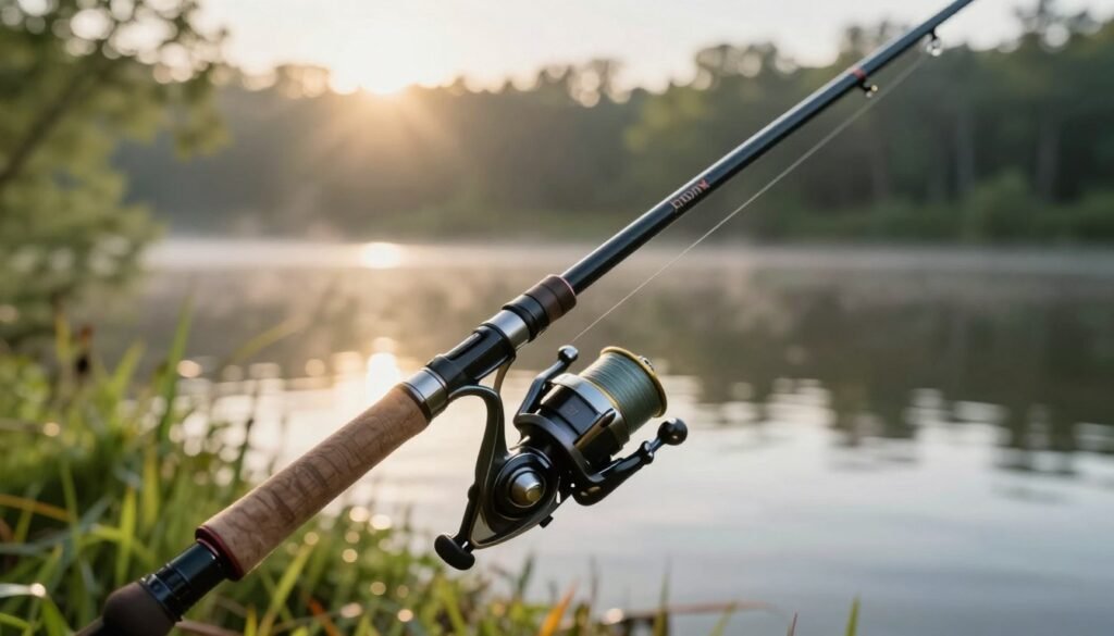 Um close detalhado de uma vara de pesca projetada para pesca em alto mar, destacando seus componentes complexos, como o molinete, os passadores e o cabo. A vara está posicionada em destaque no primeiro plano, contra um cenário sereno de um lago tranquilo e vegetação exuberante. A suave luz do sol da manhã filtra-se pelas árvores, criando uma atmosfera acolhedora e convidativa, com reflexos sutis cintilando na superfície da água. O ângulo é levemente inclinado para mostrar tanto o design da vara quanto a natureza ao redor. Capture a essência da pesca ao ar livre; a cena é pacífica, mas repleta da expectativa de uma pescaria. O clima é calmo e concentrado, perfeito para ilustrar os erros comuns na escolha da vara. A imagem inteira está livre de texto e marcas d'água, enfatizando a beleza dos equipamentos de pesca em um ambiente natural.