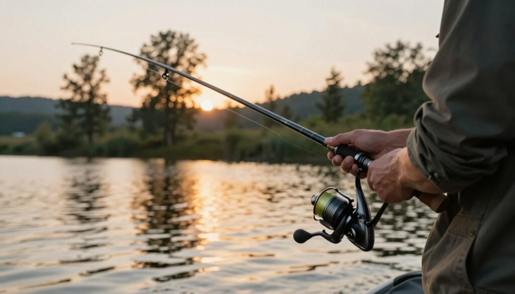 A detailed close-up of a fishing rod with a fast action tip, showcasing the flexible and responsive design perfect for quick hooks. The foreground features the rod held firmly by a fisherman in a modest casual outfit, demonstrating a casting technique. The middle ground includes a shimmering lake reflecting the soft light of a golden sunset, highlighting the ripples in the water. In the background, tall trees and distant hills create a serene natural setting. The lighting is warm and inviting, with soft shadows emphasizing the rod’s curved shape. Capture the excitement and precision of fishing, conveying a sense of tranquility and anticipation in the atmosphere, as the fisherman prepares for a catch. Um close detalhado de uma vara de pesca com ponta de ação rápida, mostrando o design flexível e responsivo perfeito para fisgadas rápidas. Em primeiro plano, a vara é segurada firmemente por um pescador com roupas casuais discretas, demonstrando uma técnica de arremesso. Em segundo plano, um lago cintila refletindo a luz suave de um pôr do sol dourado destaca as ondulações na água. Ao fundo, árvores altas e colinas distantes criam um cenário natural sereno. A iluminação é quente e convidativa, com sombras suaves que enfatizam o formato curvo da vara. Capture a emoção e a precisão da pesca, transmitindo uma sensação de tranquilidade e expectativa no ar, enquanto o pescador se prepara para fisgar um peixe.