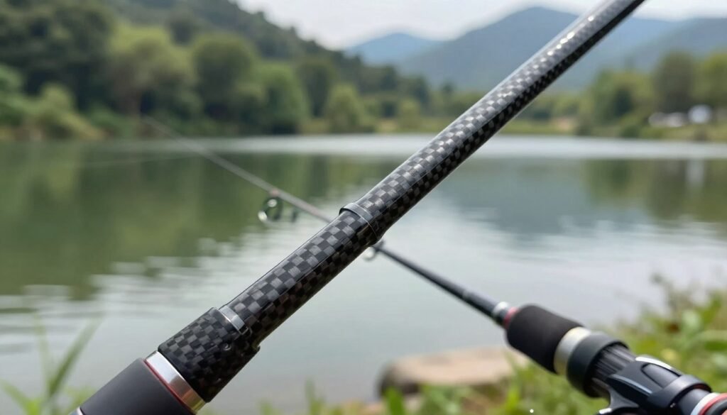A detailed close-up of a high-quality carbon fiber fishing rod, showcasing its sleek, lightweight structure and intricate textures. The rod is placed prominently in the foreground, with its glossy finish shining under soft, natural lighting that highlights the fibers' patterns. In the middle ground, a serene outdoor setting reflects a calm lake with lush greenery and sunlight glimmering on the water's surface. The background features distant mountains that add depth to the scene. The atmosphere is tranquil and inviting, perfect for fishing enthusiasts. Capture this image with a shallow depth of field, focusing sharply on the rod while gently blurring the background. Ensure the scene is free of any people or distractions, emphasizing the beauty and craftsmanship of the carbon fiber rod. A detailed close-up of a high-quality carbon fiber fishing rod, showcasing its sleek, lightweight structure and intricate textures. The rod is placed prominently in the foreground, with its glossy finish shining under soft, natural lighting that highlights the fibers' patterns. In the middle ground, a serene outdoor setting reflects a calm lake with lush greenery and sunlight glimmering on the water's surface. The background features distant mountains that add depth to the scene. The atmosphere is tranquil and inviting, perfect for fishing enthusiasts. Capture this image with a shallow depth of field, focusing sharply on the rod while gently blurring the background. Ensure the scene is free of any people or distractions, emphasizing the beauty and craftsmanship of the carbon fiber rod.