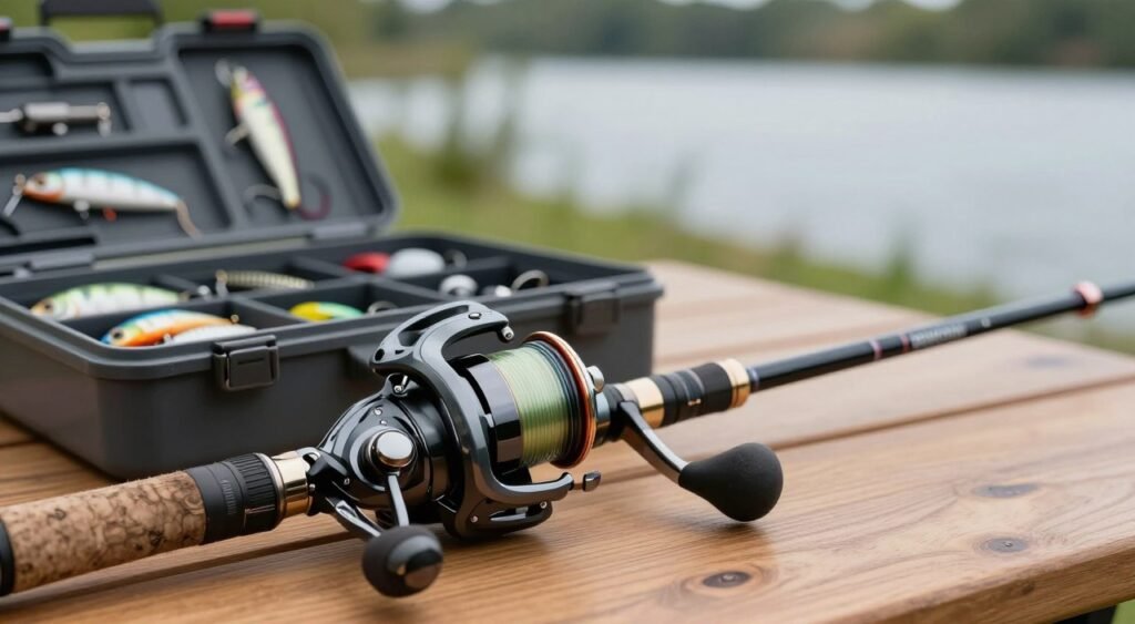 A detailed close-up of high-quality fishing equipment on a wooden table, showcasing precision tools and reels from Shimano and Daiwa. The foreground highlights a Shimano reel with intricate designs, next to a Daiwa rod, both glistening under soft, natural light. In the middle ground, a tackle box is open, revealing various lures and hooks, emphasizing performance and durability. In the background, a blurred outdoor landscape hints at a serene fishing location, with gentle waves and lush greenery, suggesting a calm and focused atmosphere. The image should evoke a sense of craftsmanship and reliability in fishing gear, perfect for enthusiasts looking to enhance their experience. Use a shallow depth of field to create an intimate and professional feel.