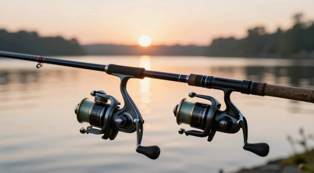 A detailed comparison image featuring a spinning reel (molinete) and a baitcasting reel (carretilha) positioned prominently in the foreground. The spinning reel is elegantly designed with a sleek finish, while the baitcasting reel features a robust, ergonomic shape. In the middle ground, display fishing rods that correspond to each reel, showcasing their compatibility. The background should depict a serene lake scene at sunrise, with soft, golden light reflecting on the water surface, creating a tranquil atmosphere. Use a shallow depth of field to focus on the reels and rods, slightly blurring the background for emphasis. Aim for a warm, inviting mood that suggests a perfect day for fishing, ideal for beginners exploring their options. A detailed comparison image featuring a spinning reel (molinete) and a baitcasting reel (carretilha) positioned prominently in the foreground. The spinning reel is elegantly designed with a sleek finish, while the baitcasting reel features a robust, ergonomic shape. In the middle ground, display fishing rods that correspond to each reel, showcasing their compatibility. The background should depict a serene lake scene at sunrise, with soft, golden light reflecting on the water surface, creating a tranquil atmosphere. Use a shallow depth of field to focus on the reels and rods, slightly blurring the background for emphasis. Aim for a warm, inviting mood that suggests a perfect day for fishing, ideal for beginners exploring their options.