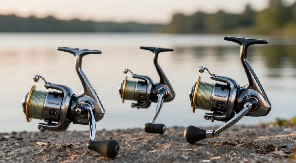 A detailed comparison image of Shimano Sedona and Nexave fishing reels, showcasing their comfort and ergonomics. In the foreground, display the Sedona reel on the left, highlighting its sleek design, smooth contours, and ergonomic handle. On the right, position the Nexave reel, emphasizing its sturdy grip and slightly larger body. In the middle, include a detailed view of both reels' features, such as the drag system, spool design, and button layouts. The background features an outdoor setting by a serene lake with soft lighting during golden hour, enhancing the reels' metallic finishes. Use a shallow depth of field to keep the focus on the reels while the background remains softly blurred. Convey a calm and inviting mood, capturing the essence of fishing comfort. A detailed comparison image of Shimano Sedona and Nexave fishing reels, showcasing their comfort and ergonomics. In the foreground, display the Sedona reel on the left, highlighting its sleek design, smooth contours, and ergonomic handle. On the right, position the Nexave reel, emphasizing its sturdy grip and slightly larger body. In the middle, include a detailed view of both reels' features, such as the drag system, spool design, and button layouts. The background features an outdoor setting by a serene lake with soft lighting during golden hour, enhancing the reels' metallic finishes. Use a shallow depth of field to keep the focus on the reels while the background remains softly blurred. Convey a calm and inviting mood, capturing the essence of fishing comfort.