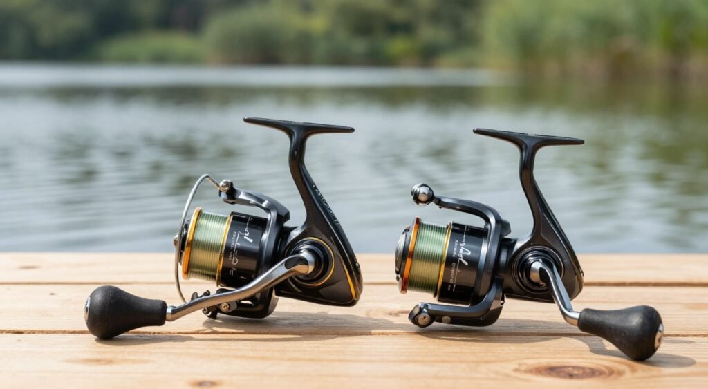 A detailed comparison image of a Daiwa Revros fishing reel and a Daiwa Fuego fishing reel, positioned prominently in the foreground on a natural wooden surface with a soft, warm light illuminating them. In the middle, display a blurred background featuring a serene lakeside scene, enhancing the fishing theme with gentle ripples on the water and lush greenery. The reels should be shown from a slightly elevated angle, showcasing their design intricacies, textures, and colors. The mood should convey a sense of reliability and excitement for fishing enthusiasts, inviting viewers to feel the thrill of comparing two high-quality reels. The overall atmosphere should be calm yet vibrant, encapsulating the essence of outdoor fishing experiences. Uma imagem comparativa detalhada de um molinete Daiwa Revros e um molinete Daiwa Fuego, posicionados em destaque no primeiro plano sobre uma superfície de madeira natural, iluminados por uma luz suave e quente. Ao centro, um fundo desfocado com uma serena paisagem à beira de um lago reforça o tema da pesca com ondulações suaves na água e vegetação exuberante. Os molinetes devem ser mostrados de um ângulo ligeiramente elevado, destacando seus detalhes de design, texturas e cores. A atmosfera deve transmitir uma sensação de confiabilidade e entusiasmo para os amantes da pesca, convidando os espectadores a sentirem a emoção de comparar dois molinetes de alta qualidade. O ambiente geral deve ser calmo, porém vibrante, capturando a essência das experiências de pesca ao ar livre.
