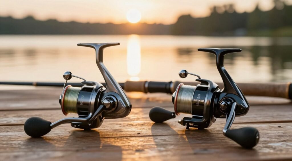 A detailed comparison image of the Shimano Sedona and Nexave fishing reels displayed prominently on a clean, textured wooden surface. In the foreground, the Sedona reel on the left, showcasing its sleek design with a metallic finish and the Nexave reel on the right, featuring a more rugged appearance. Both reels are positioned at an angle that highlights their unique features, with subtle reflections on the surface enhancing the realism. The middle ground features a partially blurred fishing rod laid across the reels, adding depth. In the background, a soft-focus outdoor scene of a serene lake at sunset, casting warm, golden lighting to evoke a calm, professional atmosphere. The overall mood is one of focused comparison, inviting viewers to evaluate performance and design. A detailed comparison image of the Shimano Sedona and Nexave fishing reels displayed prominently on a clean, textured wooden surface. In the foreground, the Sedona reel on the left, showcasing its sleek design with a metallic finish and the Nexave reel on the right, featuring a more rugged appearance. Both reels are positioned at an angle that highlights their unique features, with subtle reflections on the surface enhancing the realism. The middle ground features a partially blurred fishing rod laid across the reels, adding depth. In the background, a soft-focus outdoor scene of a serene lake at sunset, casting warm, golden lighting to evoke a calm, professional atmosphere. The overall mood is one of focused comparison, inviting viewers to evaluate performance and design.