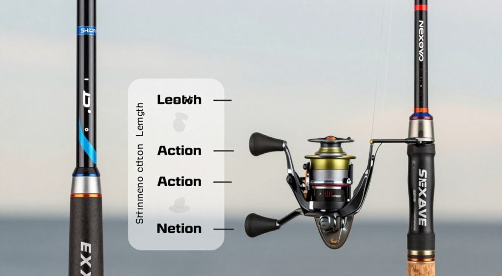 Uma comparação em tela dividida de dois molinetes de pesca: o Shimano FX e o Nexave. À esquerda, o Shimano FX, caracterizado por seu design elegante e moderno, exibido em um deck de madeira polida, com a luz do sol refletindo em sua superfície metálica. À direita, o Nexave, com uma estética mais tradicional, cercado por águas serenas, com ondulações suaves refletindo a luz amena da tarde. Ao fundo, uma cena tranquila à beira de um lago com árvores ao longe e um céu azul claro. A atmosfera é vibrante e campestre, capturando a essência da aventura da pesca. A imagem deve ter o fundo desfocado, com aspecto profissional, como uma foto tirada com uma lente de 50 mm sob luz natural, enfatizando os molinetes de forma a destacar suas características e desempenho na pesca.