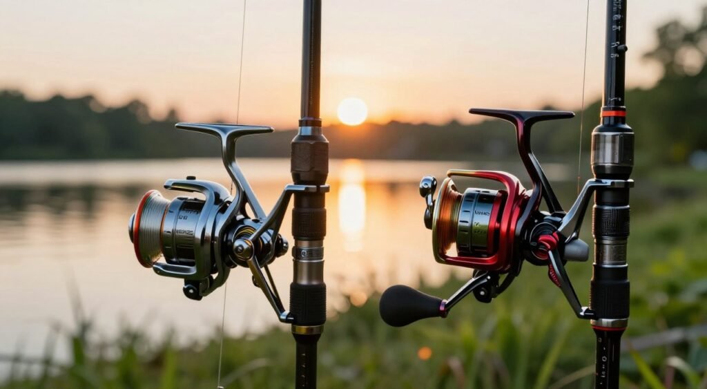 A detailed comparison scene featuring two fishing reels, the Daiwa Revros and Fuego, displayed prominently in the foreground. The Revros is on the left, a sleek, modern design with a metallic finish, reflecting light. The Fuego on the right, bold and sporty, contrasts with its vibrant color scheme. Both reels are mounted on elegant fishing rods, positioned upright. In the middle ground, an outdoor setting with a tranquil lake and lush greenery, accentuating the fishing theme. The background shows a soft-focus sunset, casting warm golden light across the scene. Capture the mood of performance and quality, evoking a sense of anticipation for an anglers' choice. Use a shallow depth of field to emphasize the reels while keeping the environment inviting and serene. Uma cena comparativa detalhada apresenta dois molinetes de pesca, o Daiwa Revros e o Fuego, em destaque no primeiro plano. O Revros está à esquerda, com um design elegante e moderno e acabamento metálico que reflete a luz. O Fuego, à direita, arrojado e esportivo, contrasta com seu esquema de cores vibrantes. Ambos os molinetes estão montados em varas de pesca elegantes, posicionadas verticalmente. No plano médio, um cenário ao ar livre com um lago tranquilo e vegetação exuberante acentua o tema da pesca. O fundo mostra um pôr do sol com foco suave, lançando uma luz dourada e quente sobre a cena. Capture a sensação de desempenho e qualidade, evocando a expectativa pela escolha do pescador. Use uma profundidade de campo rasa para enfatizar os molinetes, mantendo o ambiente convidativo e sereno.